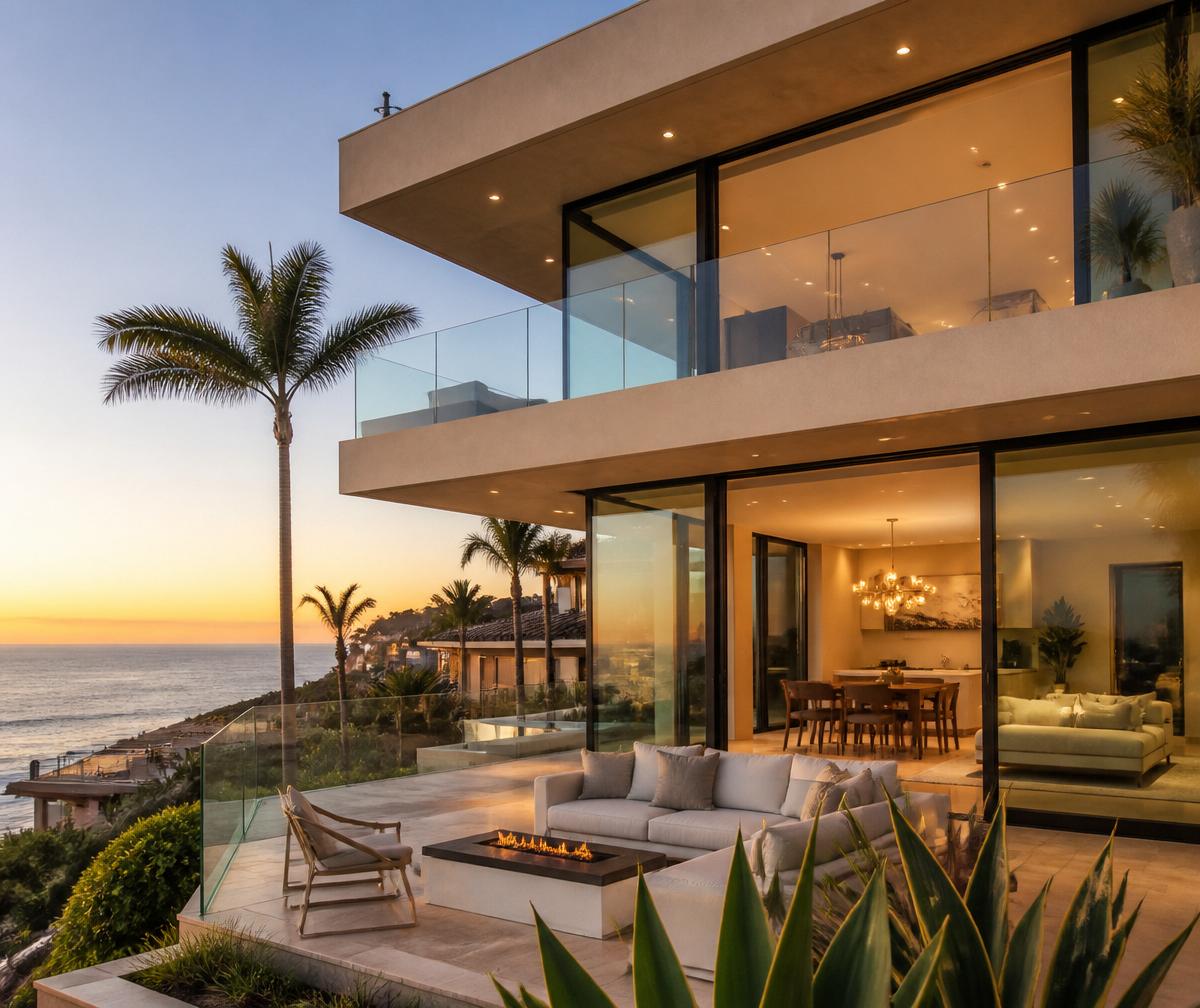 Modern San Diego luxury home with floor-to-ceiling windows overlooking the Pacific Ocean